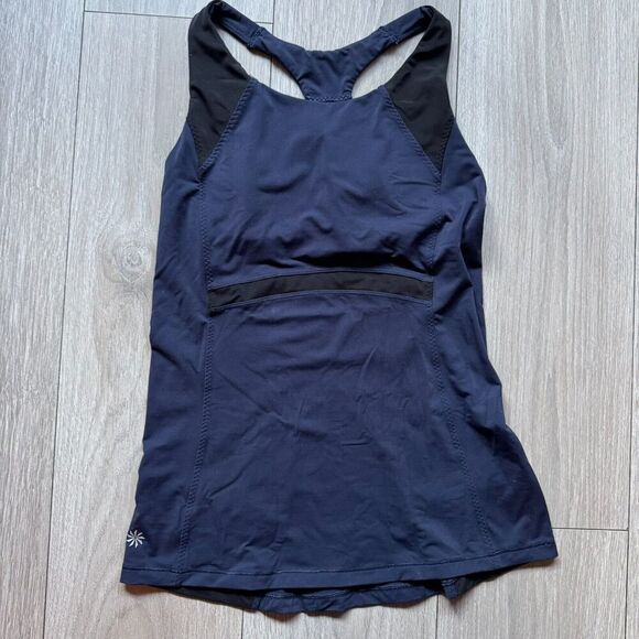 Athleta Women's Small Ace Racer Tank Top Pockets Blue Shelf Bra Running Mesh - Picture 1 of 14
